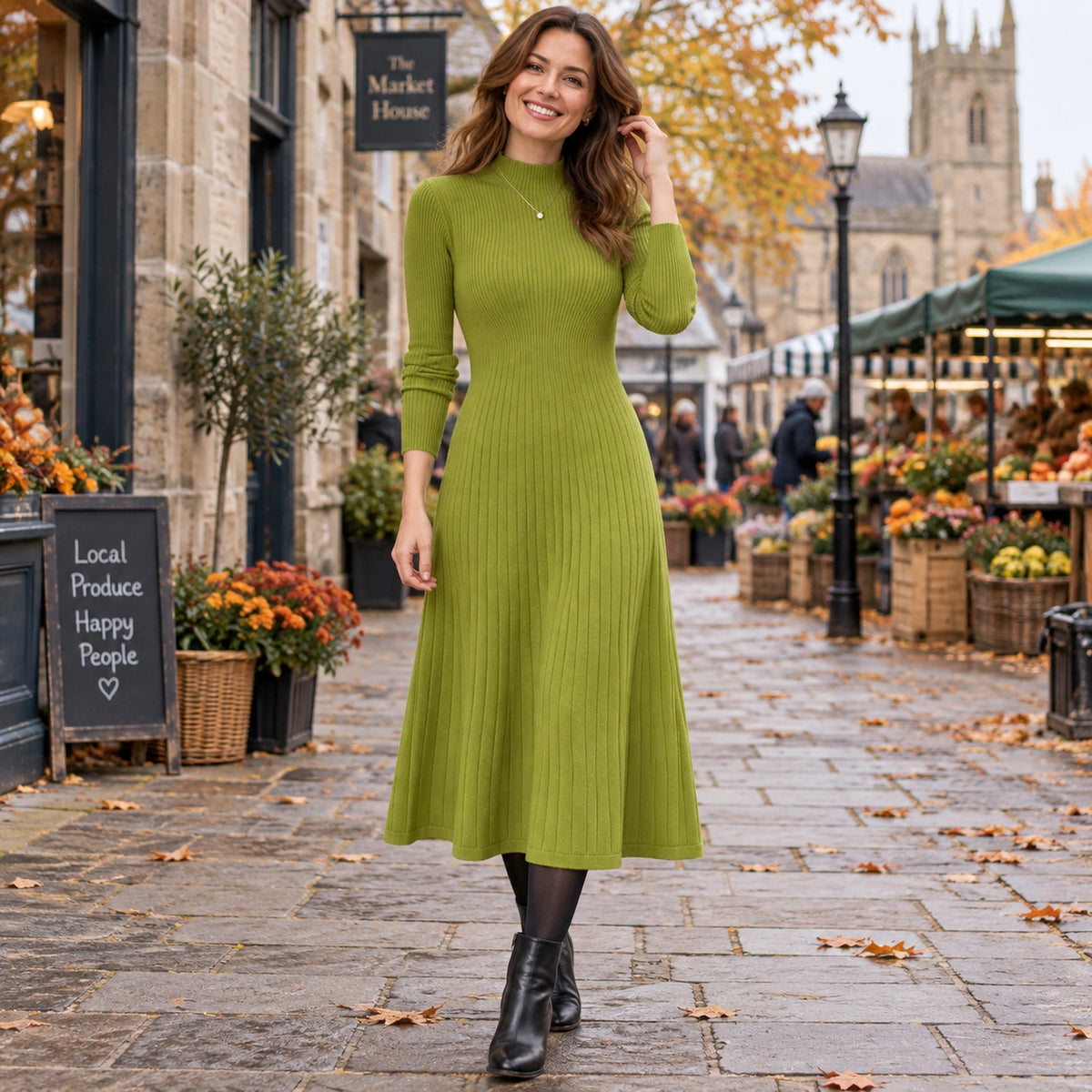 Women's A Line Knitted Half High Collar Midi Jumper Dress in Green, worn by happy model UK autumn setting — view 3