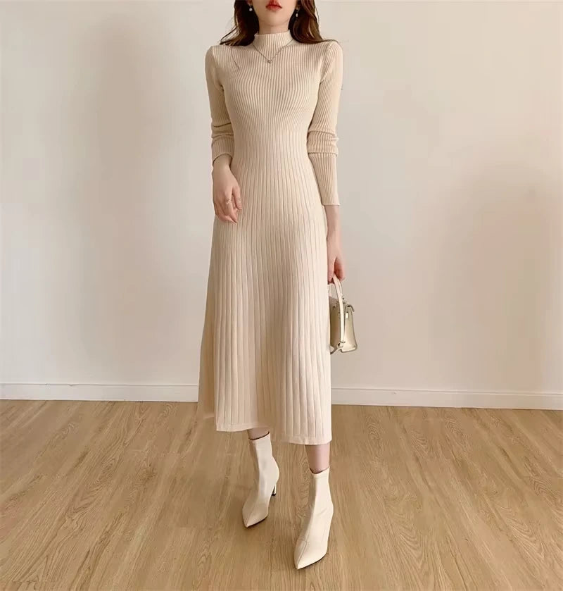 A Line knitted midi jumper dress with half high collar, showcasing ribbed texture and long sleeves — view 27 — view 30