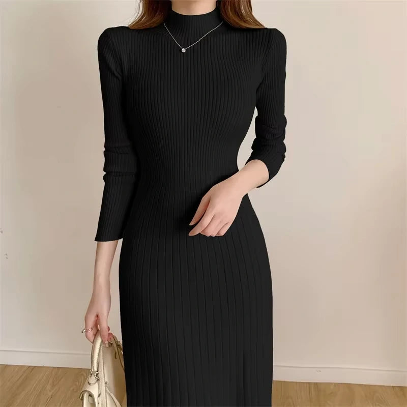 Women's A Line knitted midi jumper dress with half high collar and long sleeves, front view — 28 — view 31