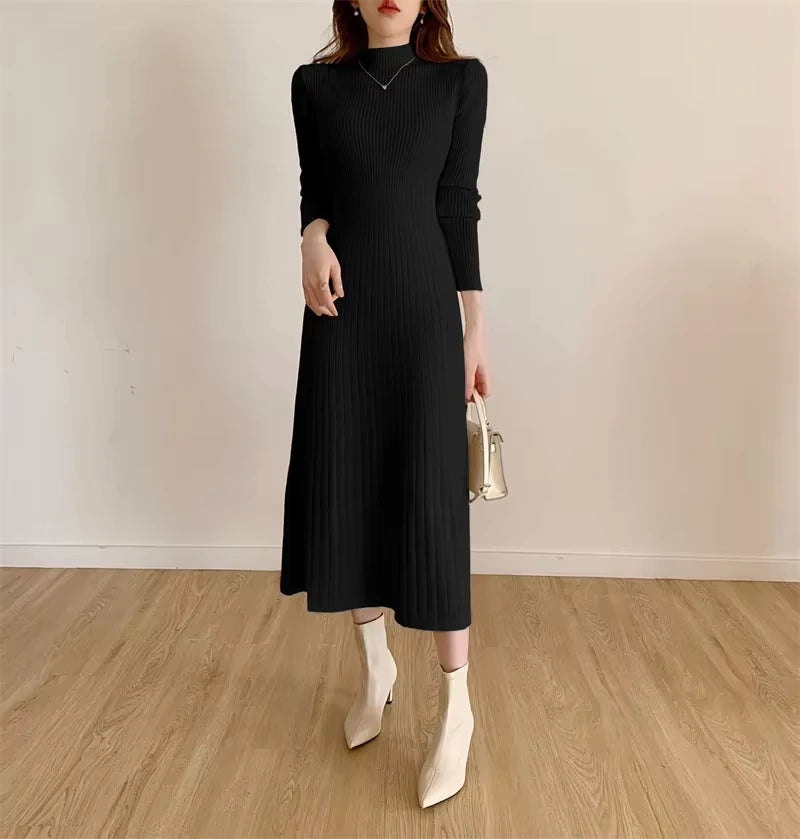 Black knitted A line midi jumper dress with half high collar, long sleeves, and elegant fit — view 31 — view 34