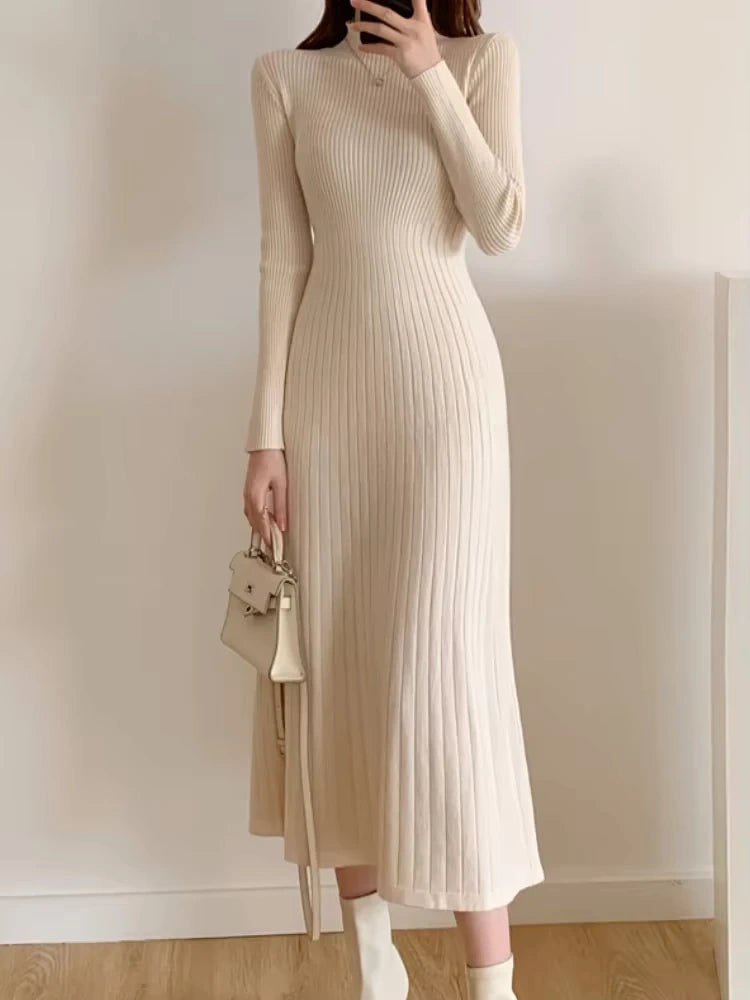 Cream knitted A line midi jumper dress with half high collar, long sleeves, and ribbed texture — view 4