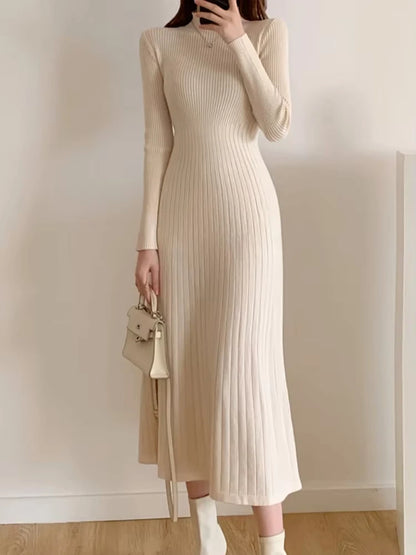 Cream knitted A line midi jumper dress with half high collar, long sleeves, and ribbed texture — view 4