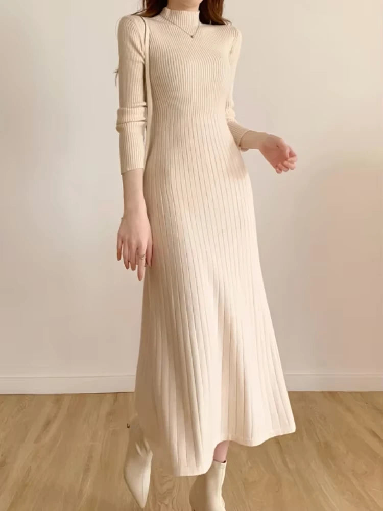 Women's A Line knitted midi jumper dress with half high collar, showcasing ribbed texture and long sleeves — view 2 — view 5