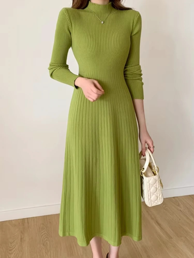 Green A line knitted midi jumper dress with half high collar and long sleeves — view 3 — view 6