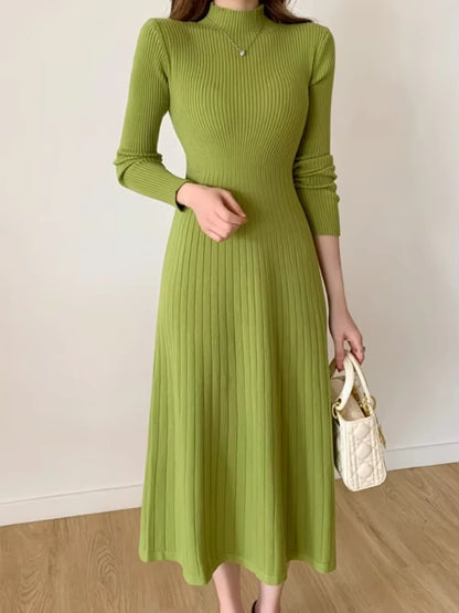 Green A line knitted midi jumper dress with half high collar and long sleeves — view 3 — view 6