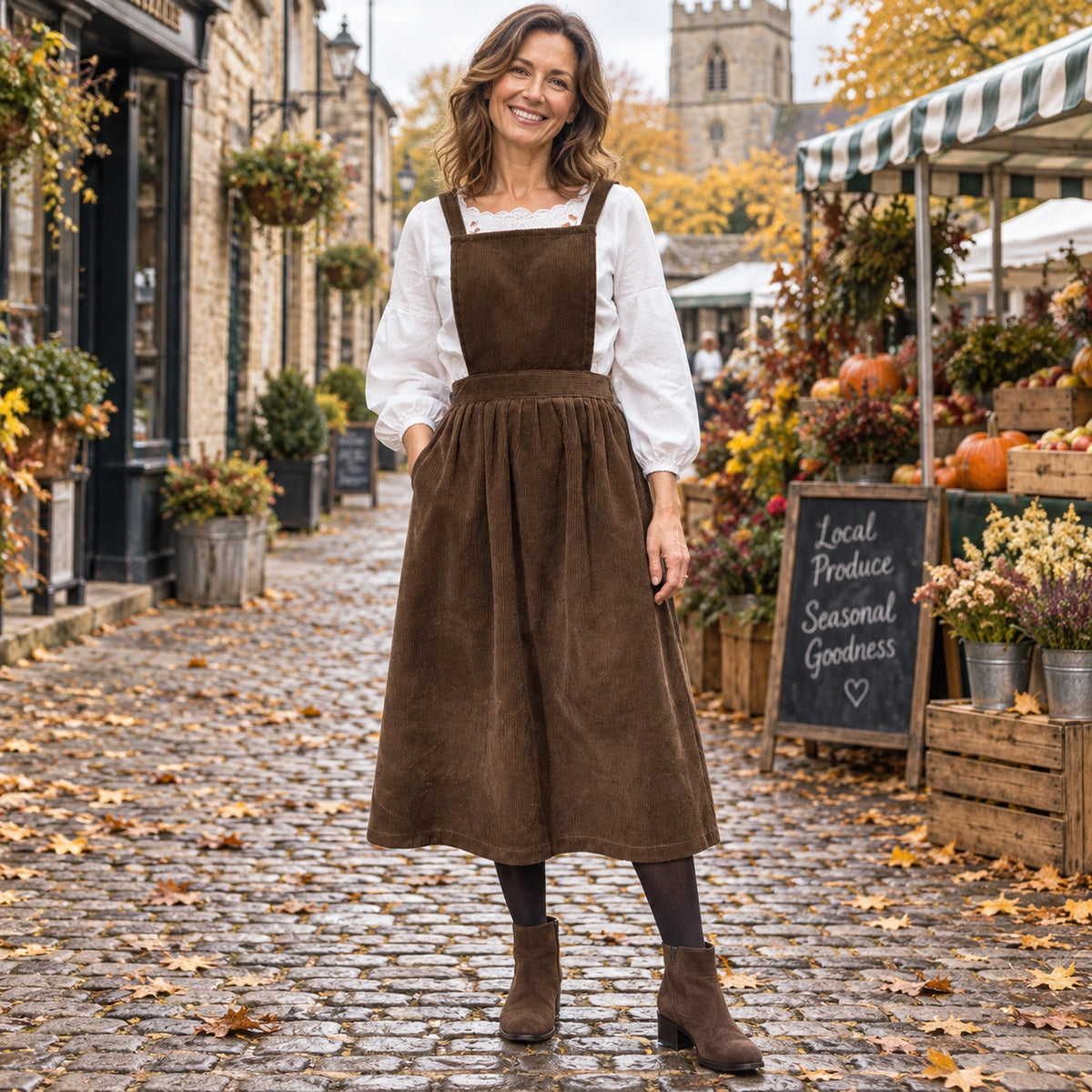 Women's Button Detail Square Neck Corduroy Midi Jumper Dress in Brown, worn by a happy model UK autumn setting