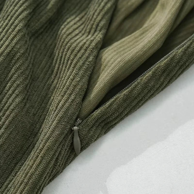 Midi jumper dress — Olive green corduroy fabric with visible zipper detail, close up view — 6 — view 11