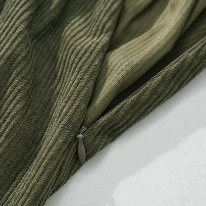 Midi jumper dress — Olive green corduroy fabric with visible zipper detail, close up view — 6 — view 11