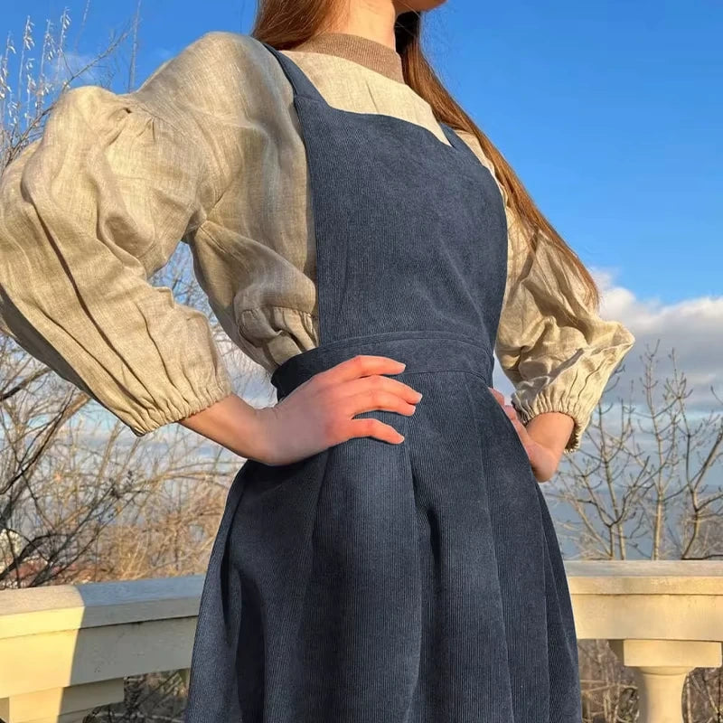 Women's corduroy midi jumper dress with button detail and square neck, outdoor view — 7 — view 12