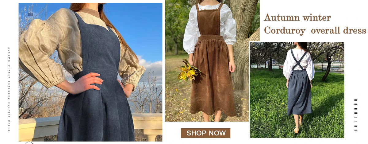 Corduroy midi jumper dress with button details and square neck, worn over a long sleeve blouse — view 11 — view 16