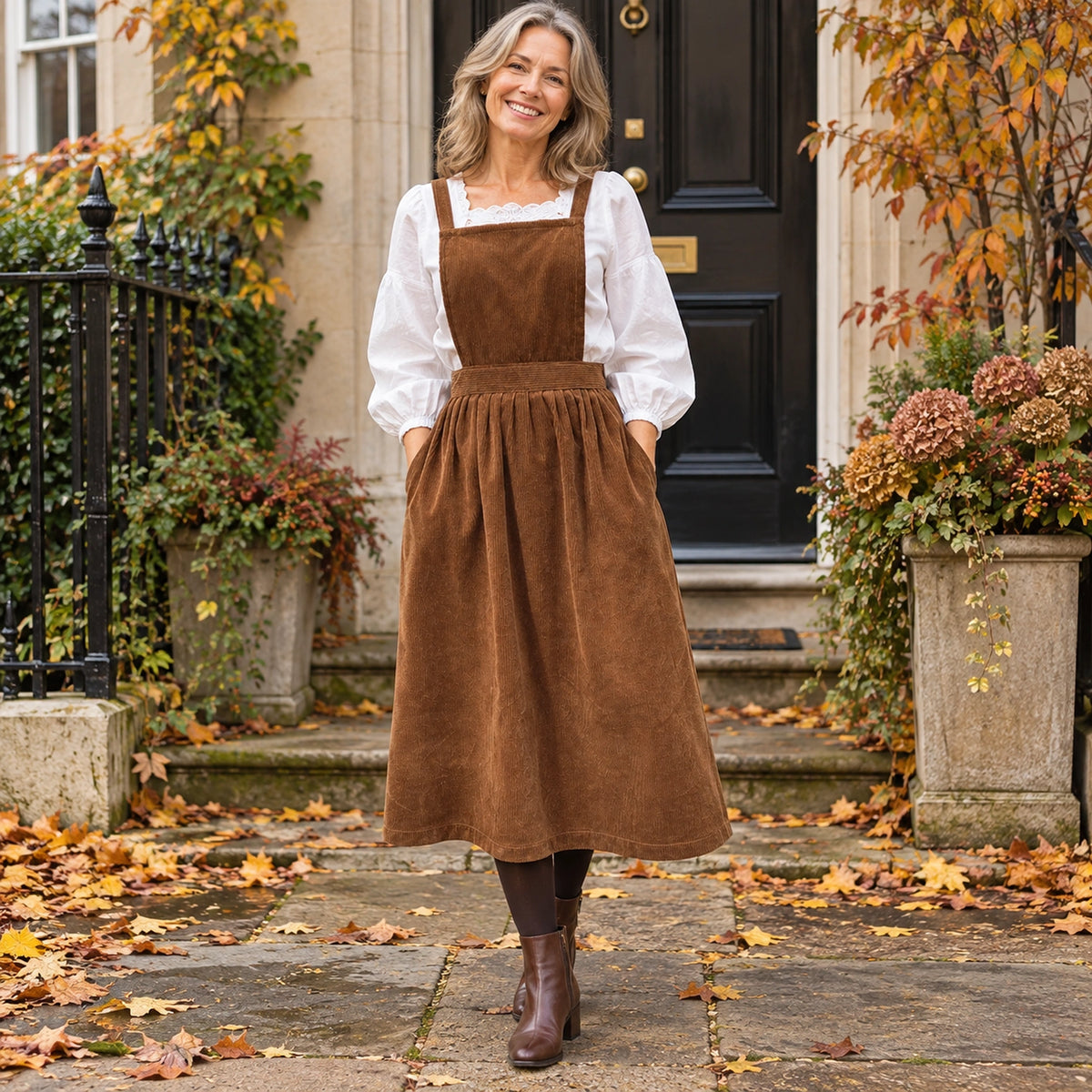 Women's Button Detail Square Neck Corduroy Midi Jumper Dress in Caramel, worn by a happy model UK autumn setting — view 2