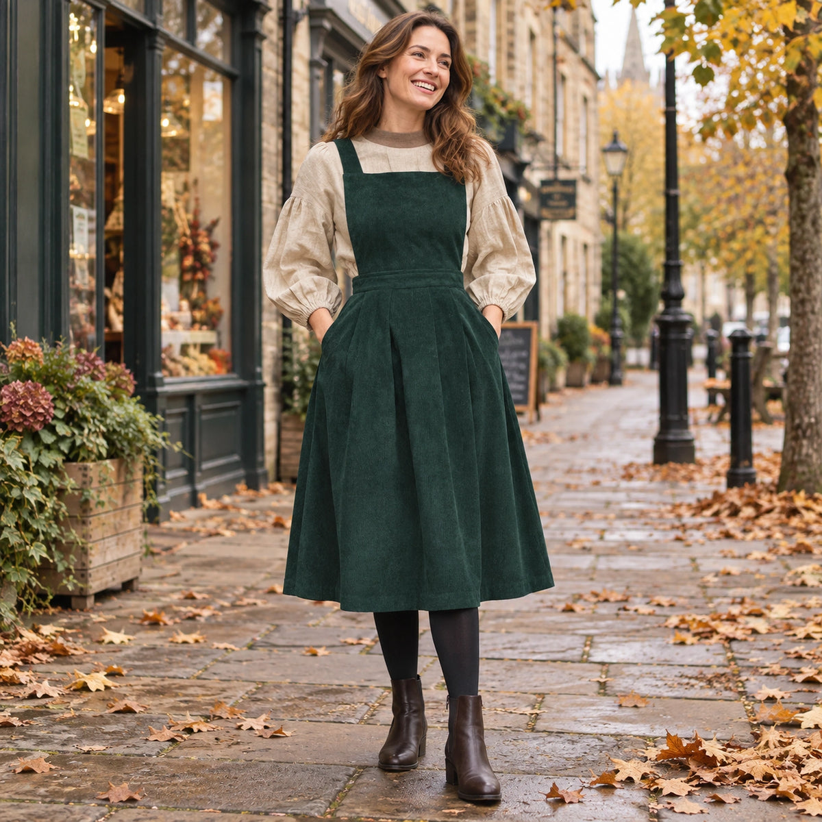 Women's Button Detail Square Neck Corduroy Midi Jumper Dress in Dark Green, worn by a happy model UK autumn setting — view 3