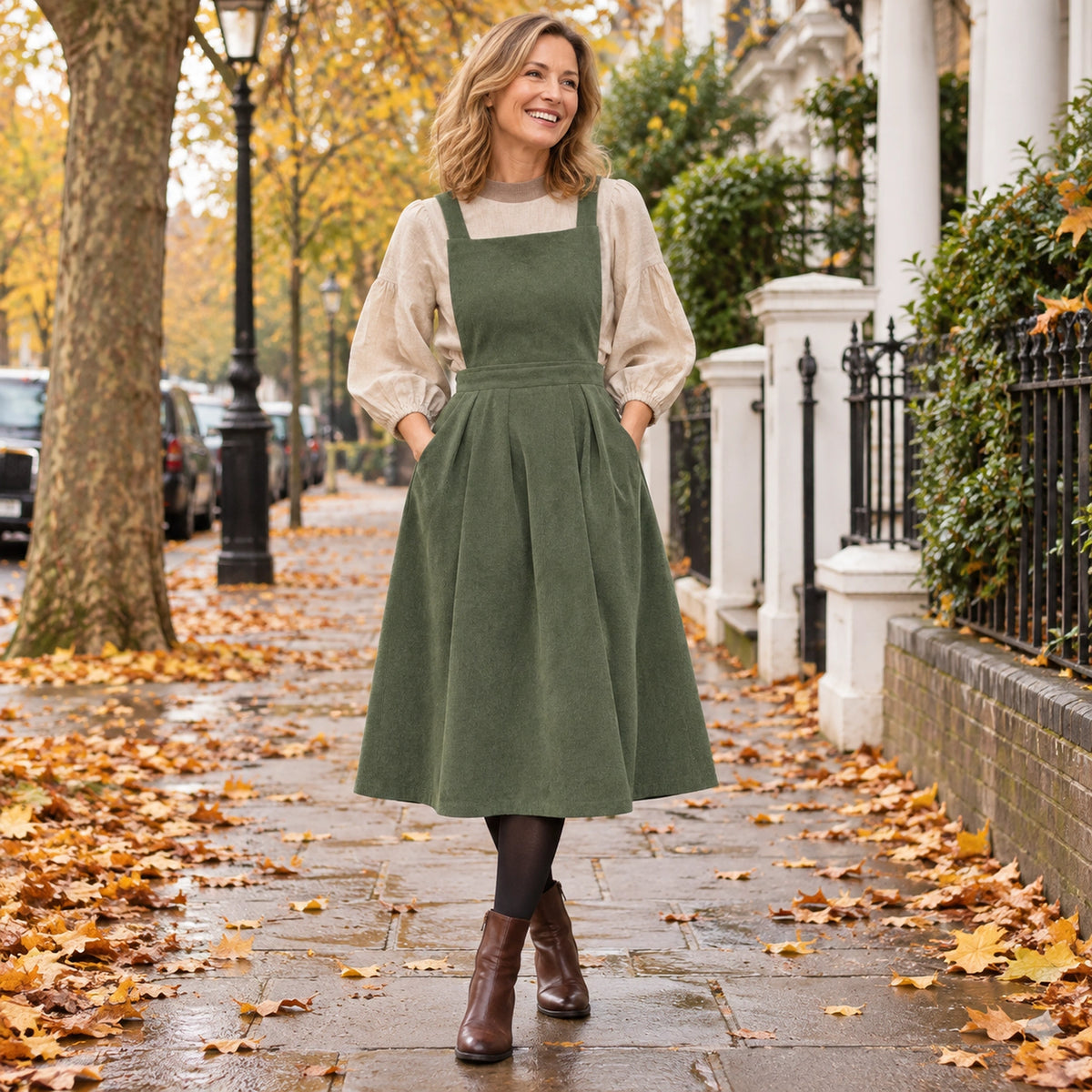 Women's Button Detail Square Neck Corduroy Midi Jumper Dress in Green, worn by a happy model UK autumn setting — view 4