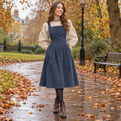 Women's Button Detail Square Neck Corduroy Midi Jumper Dress in Blue, worn by a happy model UK autumn setting — view 5