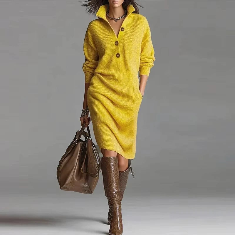 Yellow button detail turn down collar long sleeve midi jumper dress with relaxed fit — view 5 — view 10