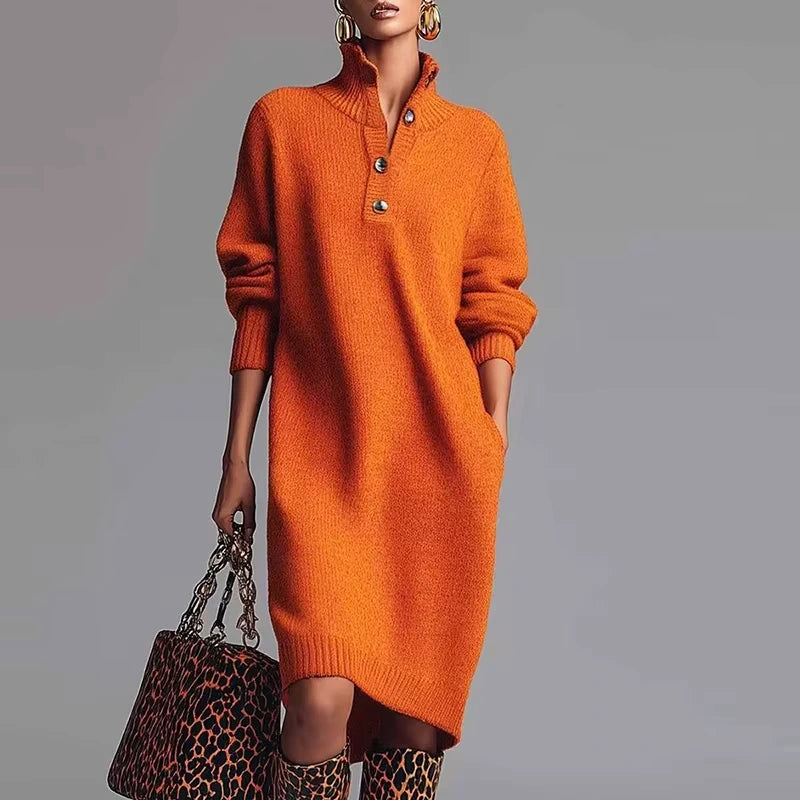 Orange long sleeve midi jumper dress with button detail collar, shown accessories — view 7 — view 12