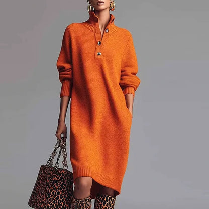 Orange long sleeve midi jumper dress with button detail collar, shown accessories — view 7 — view 12