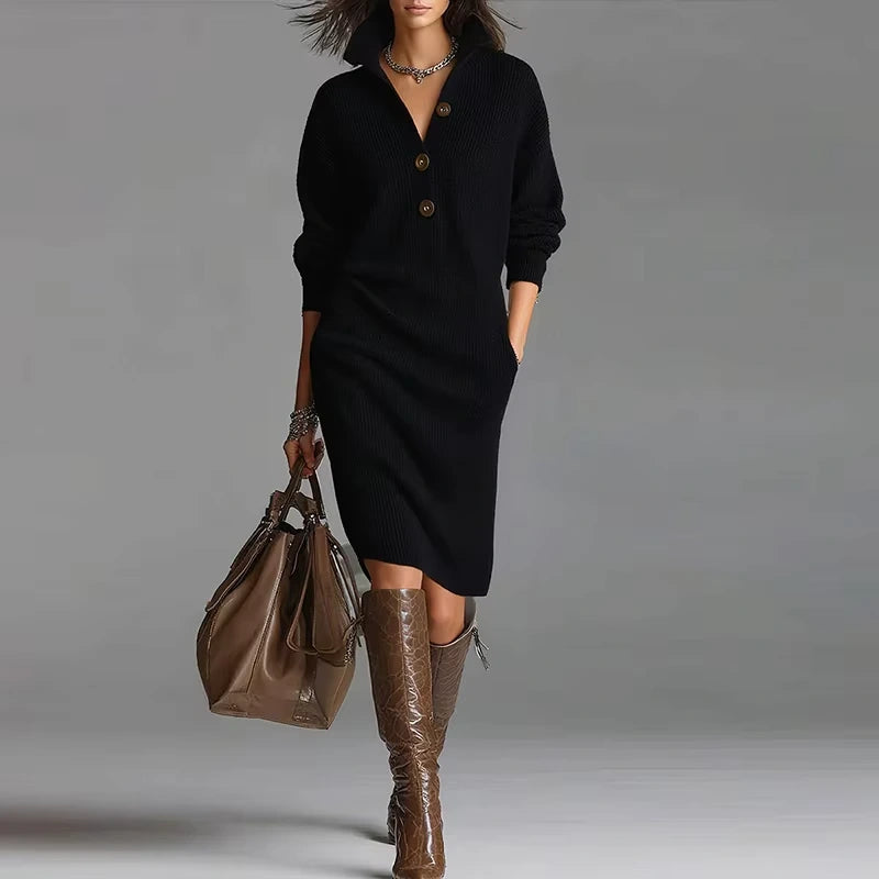 Woman wearing a black long sleeve midi jumper dress with button detail and turn down collar — view 8 — view 13