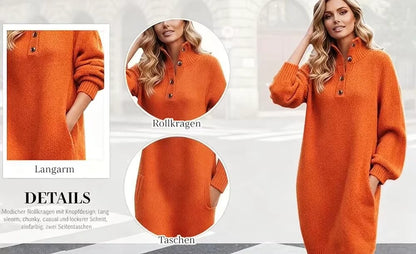 Midi jumper dress — Orange with button detail turn down collar and long sleeves, street view — 9 — view 14