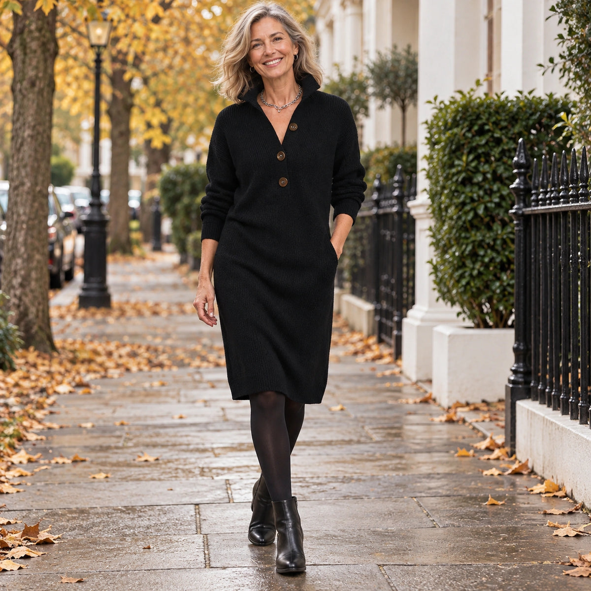 Women's Button Detail Turn Down Collar Long Sleeve Midi Jumper Dress in Black, worn by a happy model UK autumn — view 5