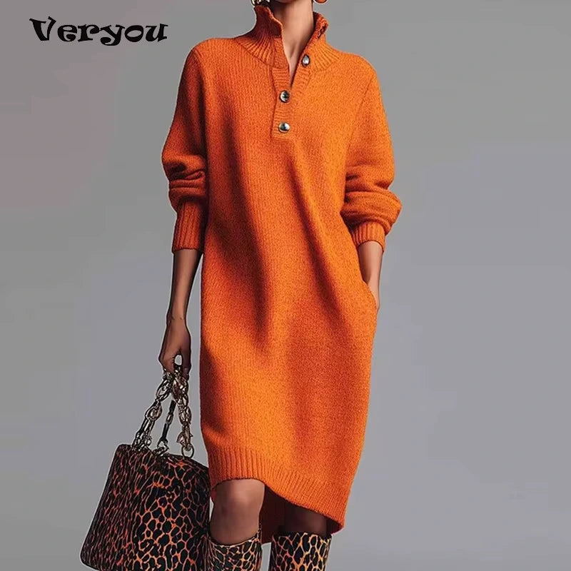 Midi jumper dress — Orange with button detail turn down collar and long sleeves, showcasing a length — view 6
