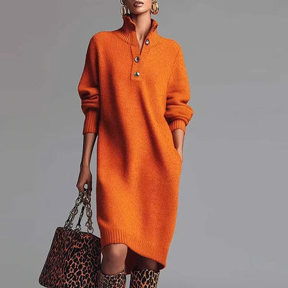 Orange long sleeve midi jumper dress with button detail and turn down collar, accessorised a handbag — view 2 — view 7