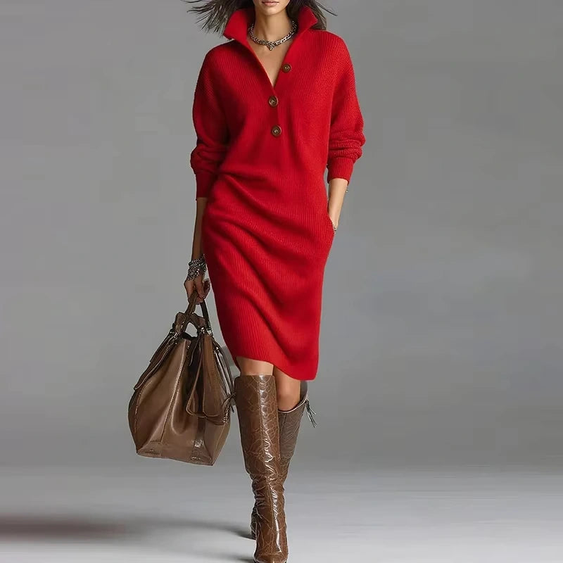 Red button detail long sleeve midi jumper dress with turn down collar, accessorised brown boots and bag — view 4 — view 9