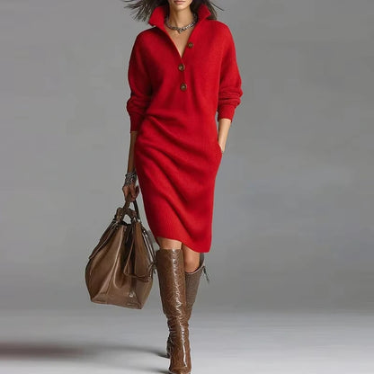 Red button detail long sleeve midi jumper dress with turn down collar, accessorised brown boots and bag — view 4 — view 9