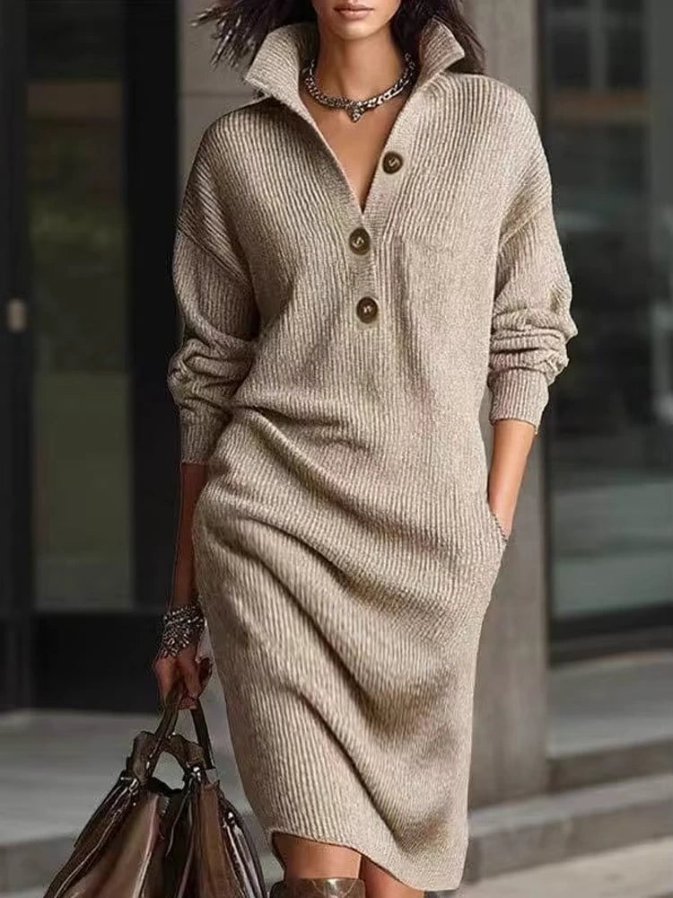 Women's button front ribbed midi jumper dress with turn down collar, casual outdoor setting — view 6 — view 10