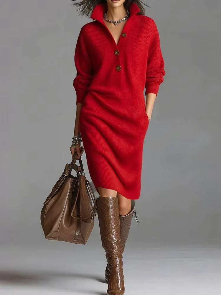 Red button front ribbed midi jumper dress with turn down collar and long sleeves — view 7 — view 11