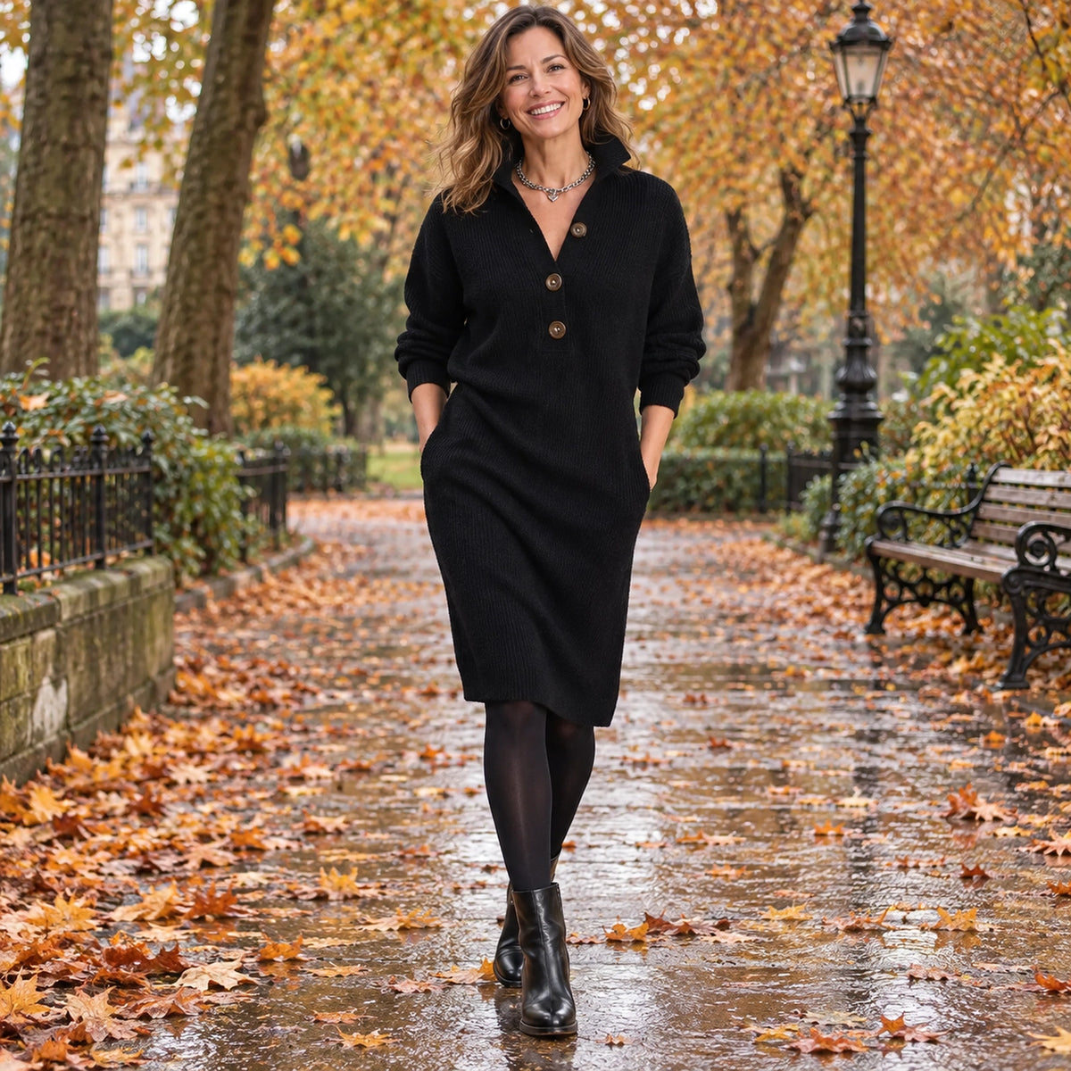 Women's Button Front Ribbed Turn Down Collar Midi Jumper Dress in Black, worn by a happy model UK autumn setting — view 3