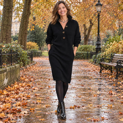 Women's Button Front Ribbed Turn Down Collar Midi Jumper Dress in Black, worn by a happy model UK autumn setting — view 3