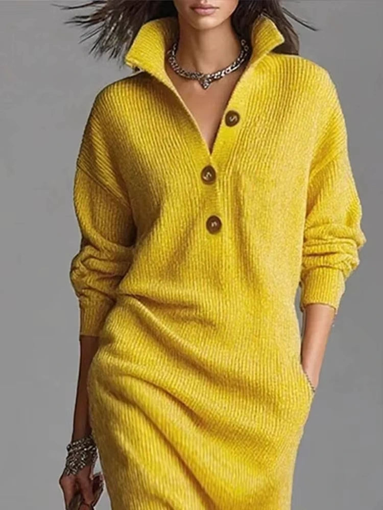 Yellow button front ribbed midi jumper dress with turn down collar, long sleeves, and relaxed fit — view 5