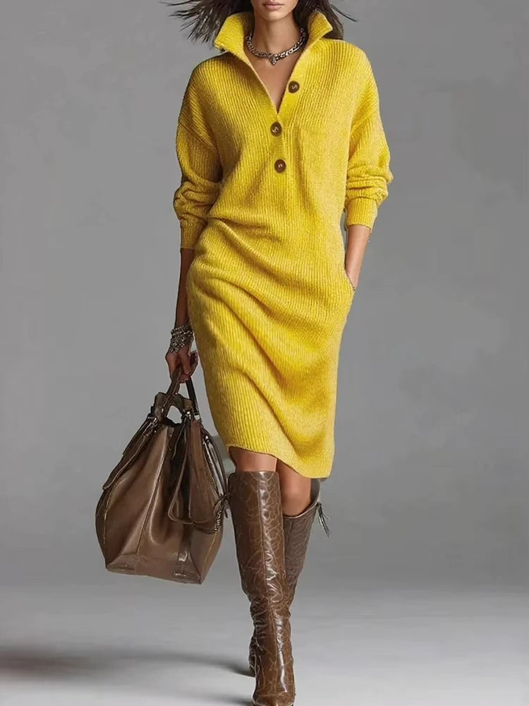 Yellow button front ribbed midi jumper dress with turn down collar and long sleeves — view 2 — view 6