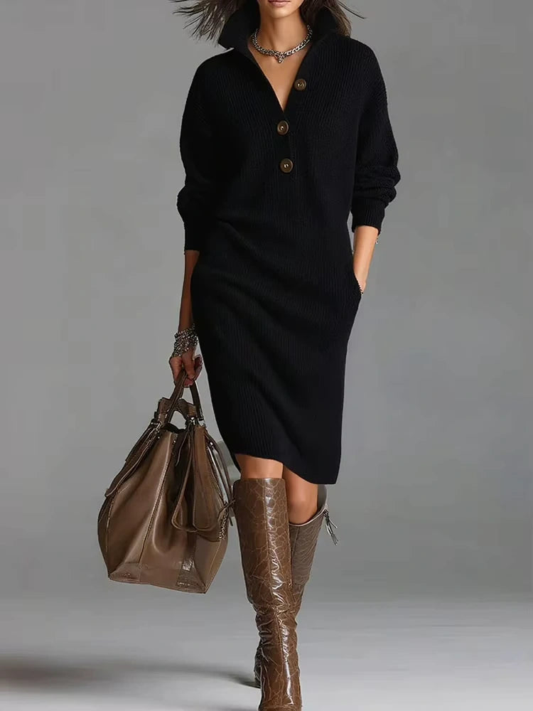 Black ribbed midi jumper dress with button front and turn down collar, styled boots handbag — view 3 — view 7