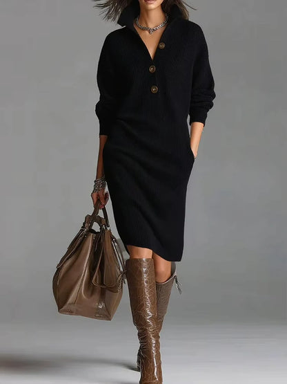 Black ribbed midi jumper dress with button front and turn down collar, styled boots handbag — view 3 — view 7