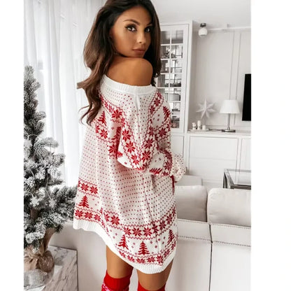 Midi jumper dress — Women's Christmas with red and white jacquard knit pattern, festive stylish — view 16 — view 18