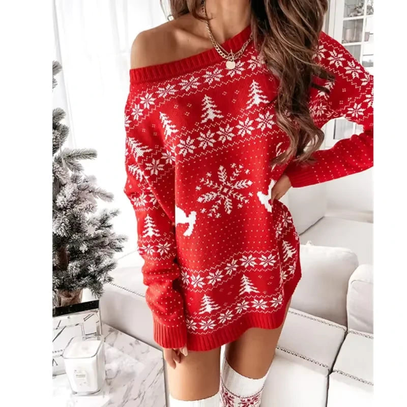 Red jacquard knit midi jumper dress with festive snowflake and reindeer pattern, cosy winter style — view 17 — view 19