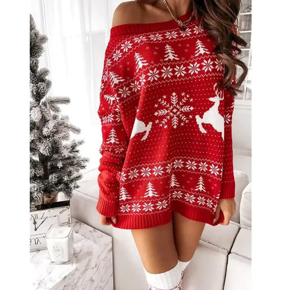 Red off shoulder Christmas jacquard knit midi jumper dress with festive patterns, indoor setting — view 19 — view 21