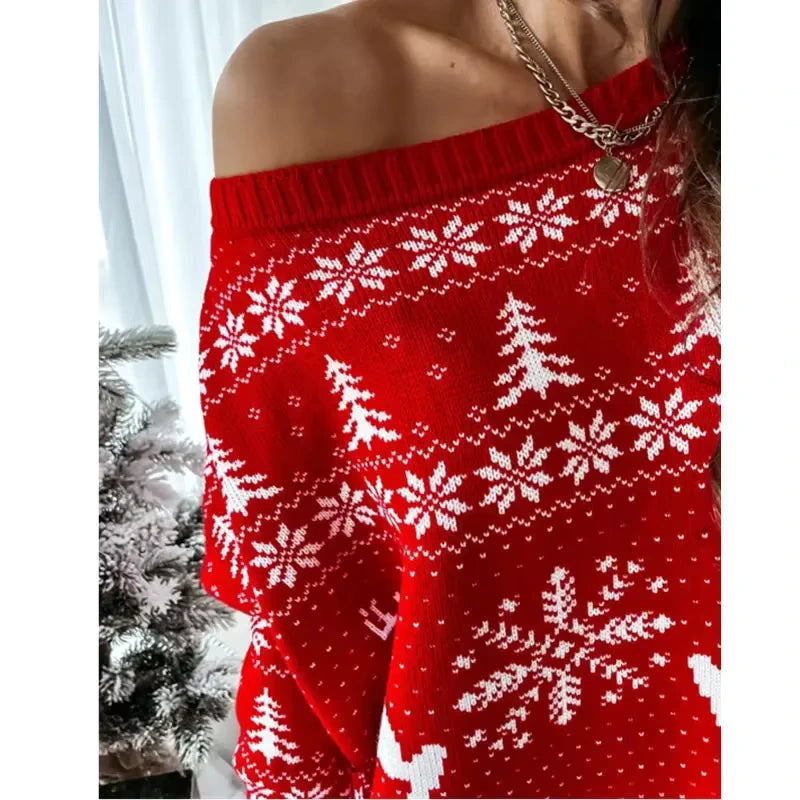 Red off shoulder Christmas jacquard knit midi jumper dress with white snowflake and tree patterns — view 20 — view 22