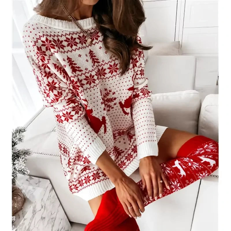 Midi jumper dress — Women's Christmas with red and white jacquard knit pattern, featuring reindeer — view 5 — view 7