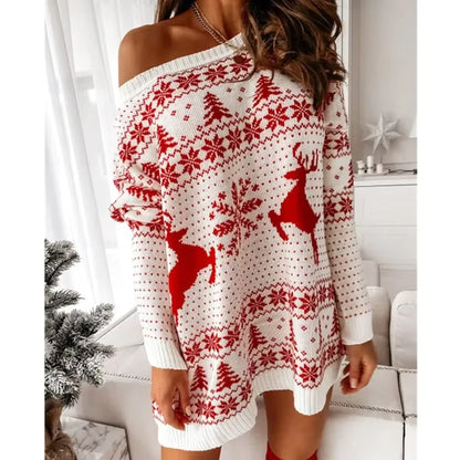 Midi jumper dress — Women's Christmas with red and white jacquard knit design, featuring reindeer — view 6 — view 8