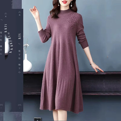Women's embroidered wool blend midi jumper dress with turtleneck, showcasing intricate detailing — view 6 — view 10