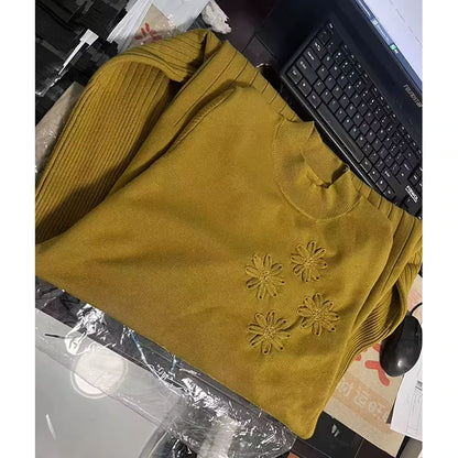 Embroidered turtleneck wool blend midi jumper dress with floral design, folded on a table — view 8 — view 12