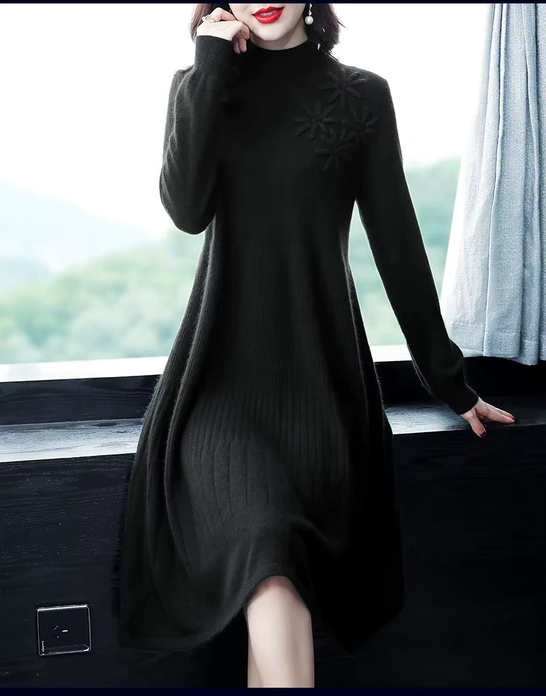 Women's embroidered turtleneck wool blend midi jumper dress in dark colour, showcasing detailed floral embroidery — view 13