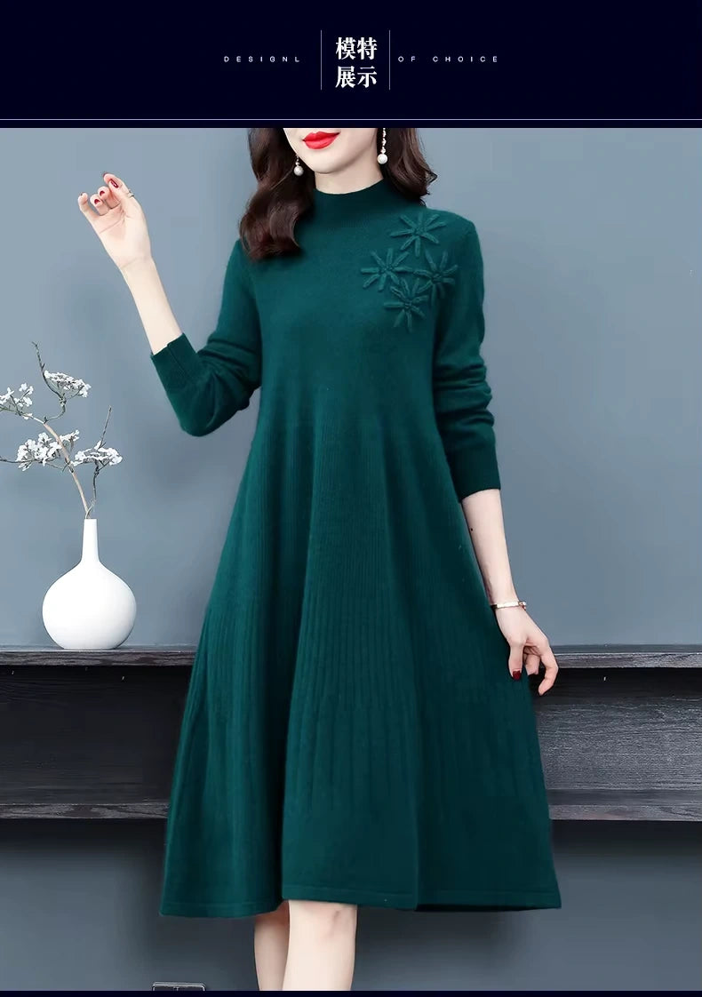 Women's embroidered wool blend midi jumper dress with floral detail, showcasing a cosy turtleneck design — view 11 — view 15