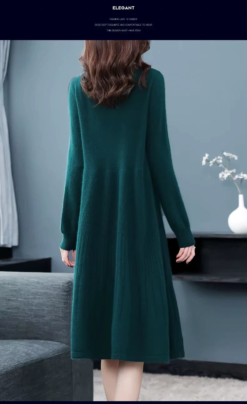 Dark green wool blend midi jumper dress with embroidered details, back view — 13 — view 17