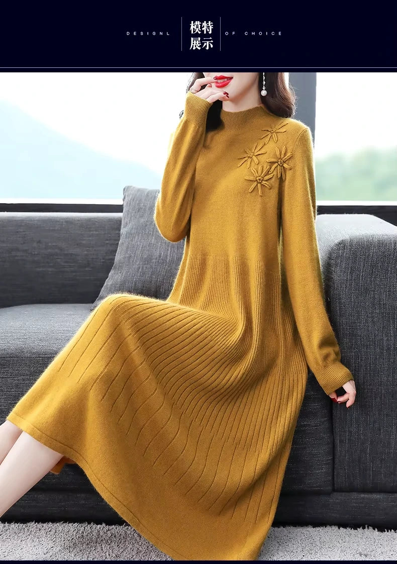 Women's embroidered turtleneck wool blend midi jumper dress with floral detail, seated view — 14 — view 18
