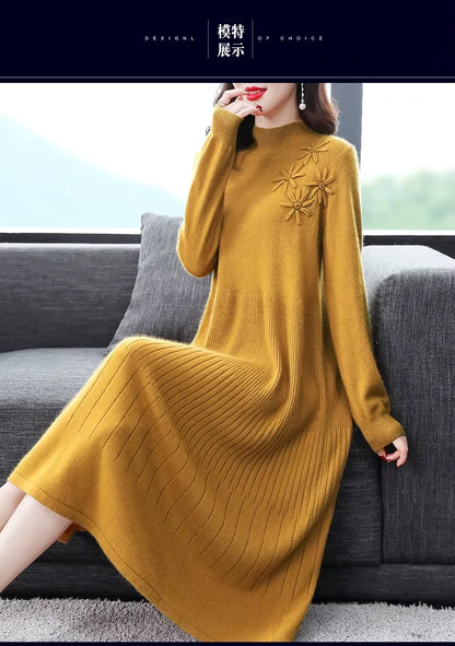 Women's embroidered turtleneck wool blend midi jumper dress with floral detail, seated view — 14 — view 18