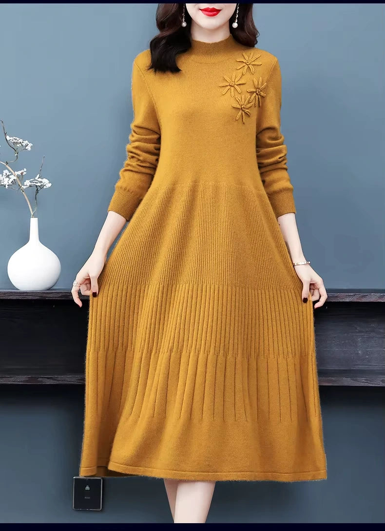 Women's wool blend midi jumper dress with embroidered details and long sleeves, front view — 15 — view 19